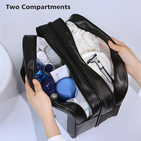Large Capacity Travel Toiletry Bag with Dual Compartments, Waterproof PVC Cosmetic Organizer for Gym & Business Trips (Black)