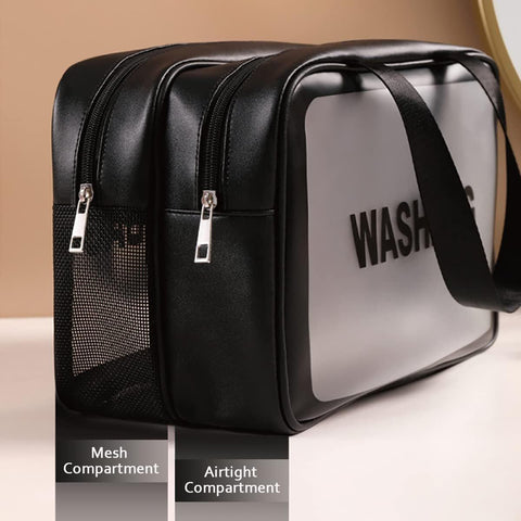 Large Capacity Travel Toiletry Bag with Dual Compartments, Waterproof PVC Cosmetic Organizer for Gym & Business Trips (Black)