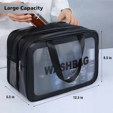 Large Capacity Travel Toiletry Bag with Dual Compartments, Waterproof PVC Cosmetic Organizer for Gym & Business Trips (Black)
