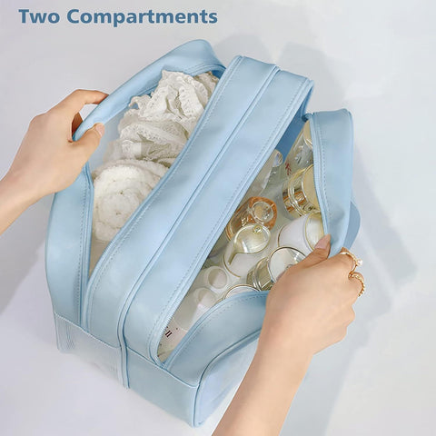 Large Capacity Travel Toiletry Bag with Dual Compartments, Waterproof PVC Cosmetic Organizer for Gym & Business Trips (Blue)