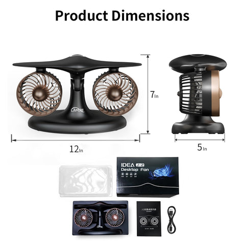 Dual Turbine Desk Fan with Aircraft Design – Wireless, Quiet, 3-Speed Touch Control for Home, Office, Bedroom, Portable Cooling (Black)