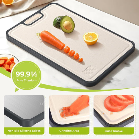 Dual-Sided Kitchen Cutting Boards with Titanium-Look & Textured PP Surfaces, Juice Groove, Grinding Area, Non-Slip Edges, and Integrated Handles—For Separating Raw/Cooked Foods and Efficient Meal Prep