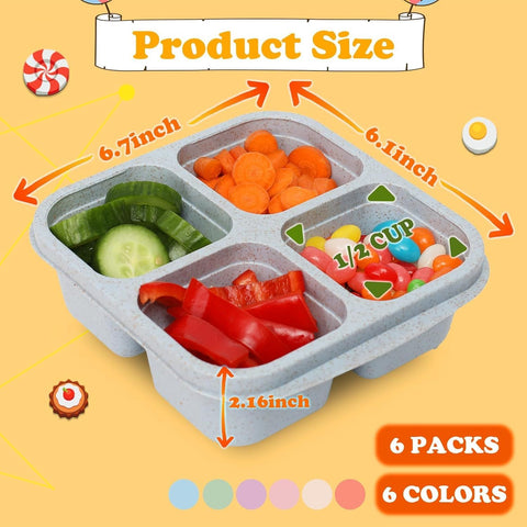 4-Pack Wheat Straw Bento Snack Boxes, 4-Compartment Reusable Lunch Containers for Kids & Adults, BPA-Free Portion Control, Microwave & Freezer Safe (Multicolor)