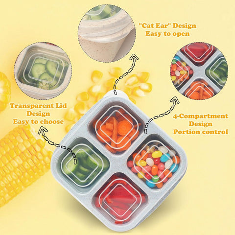 4-Pack Wheat Straw Bento Snack Boxes, 4-Compartment Reusable Lunch Containers for Kids & Adults, BPA-Free Portion Control, Microwave & Freezer Safe (Multicolor)