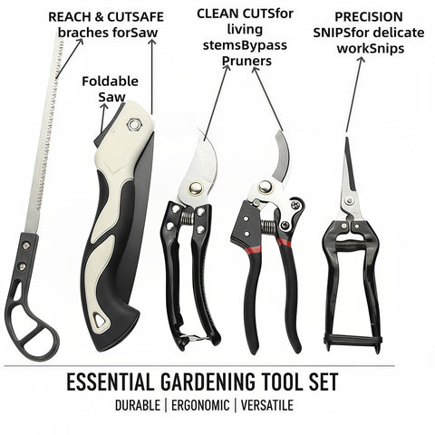 Heavy-Duty 5-Piece Gardening Tool Set – 3 Pruning Shears & 2 Folding Saws, Stainless Steel Blades, Ergonomic Handles, Compact Storage – Ideal for Trees, Shrubs, Camping, and Gift-Giving