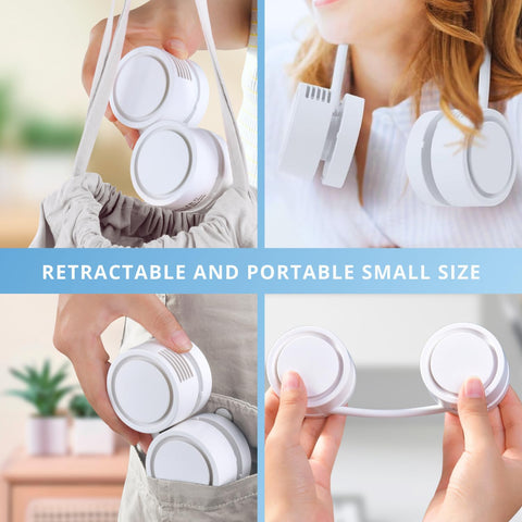 Portable Neck Fan with 1600mAh Battery – Foldable Bladeless Fan for Outdoor, Travel & Gym Use – 3-Speed Adjustable Cooling, USB-C Charging (White)