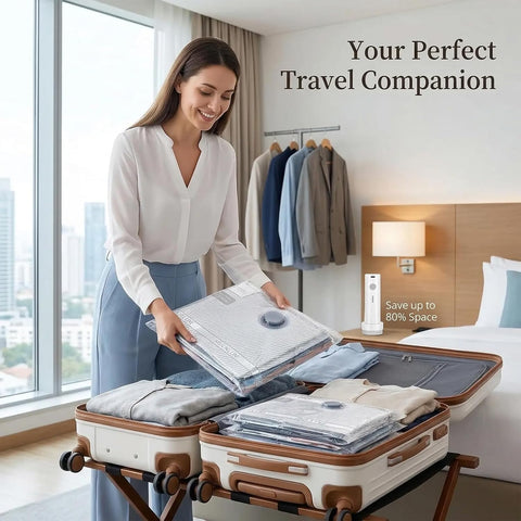 Travel Vacuum Bag Set with Rechargeable Cordless Pump – 3 Sizes for Clothes, Jackets & Accessories, Airtight Dual-Zipper Seal, 4000Pa Suction, Saves Up to 80% Luggage Space, Lightweight & Portable (18 Combo Travel Size)