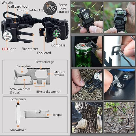 21 in 1 Survival Bracelet, Paracord Emergency Outdoor Sports Wristband Kit Waterproof Compass, SOS LED Light, Thermometer, Rescue Whistle, Fire Starter. Multi 21 Tools (Black 2 Pc)