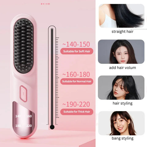 Cordless Hair Straightener Brush Portable Mini Ionic Straightening Comb 4000mAh-Pink
