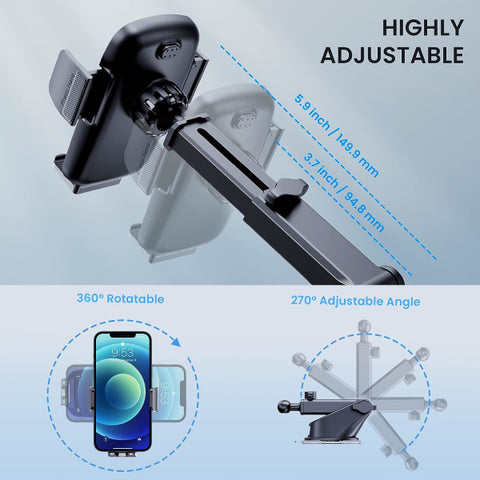 Universal Car Phone Holder with Military Suction Cup, 360° Rotation, Dashboard Mount for GPS \u0026 Phones