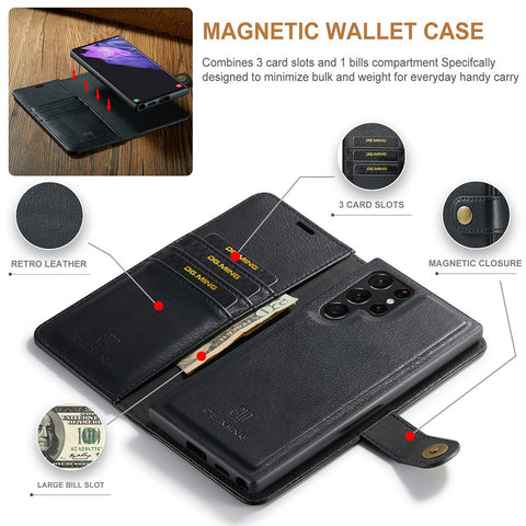 DG.MING Magnetic Wallet Case Compatible withSamsung Galaxy S22 Ultra Black 2-in-1