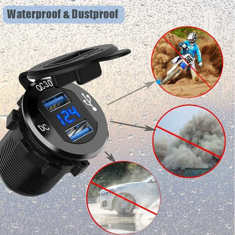 Fast Usb Car Charger Dual Qc3.0 Usb Ports, 12V/24V 36W Waterproof With LED Digital Voltmeter For Motorcycle, Caravan,