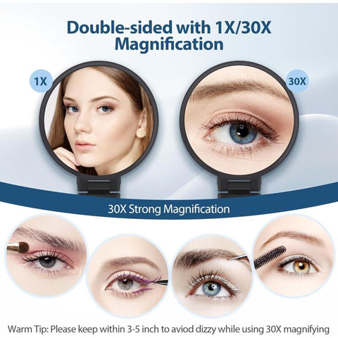 30X Magnifying Mirror, Hand Mirror With Handle, Double Sided Mirror With 30X/1X Magnification, Essential Travel Mirror