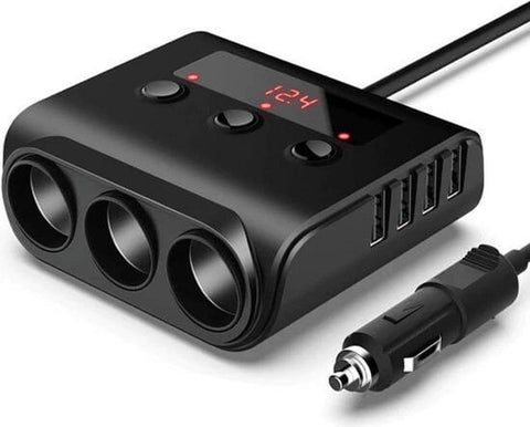 Car cigarette lighter splitter with 12V/24V voltmeter - 4x 5V/3.1A USB inputs - 3 cigarette lighter sockets - car charger - car accessories - SIG04USB - Black