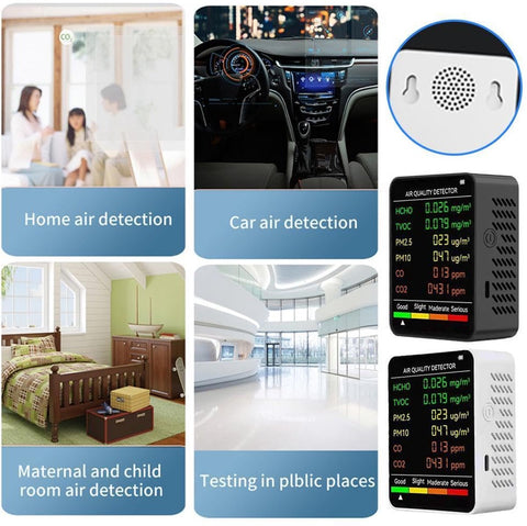 Air Quality Monitor - 6 Functions - Detects PM2.5, PM10, HCHO, TVOC, CO, CO2 - Suitable for monitoring indoor air, testing office spaces, inspecting car air, and monitoring the outdoor environment - Wit
