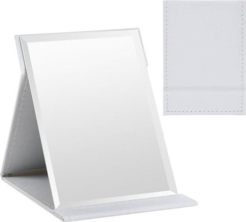 Folding tabletop mirror with PU leather cover – 125 x 17 cm – Portable travel mirror with stand – Makeup mirror for office and camping