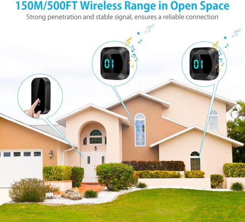 Wireless doorbell with LED, temperature display, waterproof electronic doorbell kit, with 2 plug-in receivers, 150m range, 4 volume levels, 38 melodies