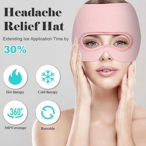 Migraine Relief Hat - Eye Mask - Cooling Eye Mask - Headache Relief - Hot & Cold Pack - 3-in-1 Pain Relief Mask - with Removable Eye Mask - Reusable - Migraine Relief Hat - Pink