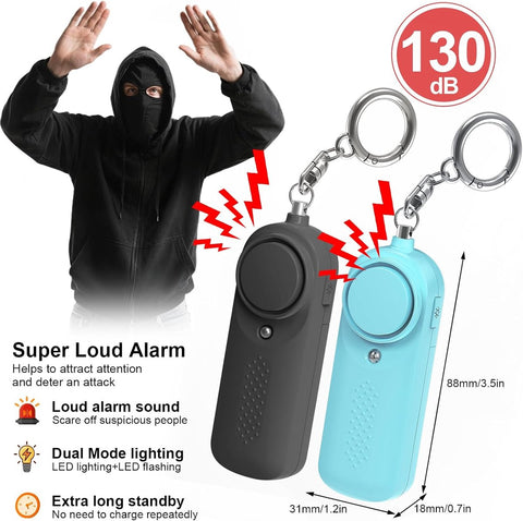 Pack of 2 personal alarms - Keychain - SOS button - 130 dB emergency signal - Personal safety alarm - Keychain with LED light for children, women and the elderly (black + blue)