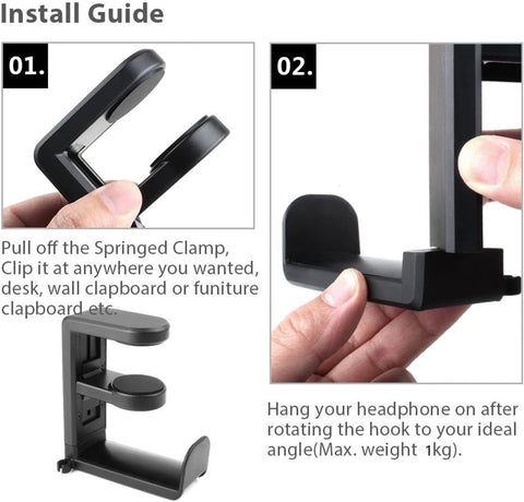 Headset Stand - Headset Holder - Rotating Headset Stand - Gaming Headset Stand - With 360-Degree Rotation and Cable Clip Organizer - Adjustable Clamp Mount Under Desk - Black