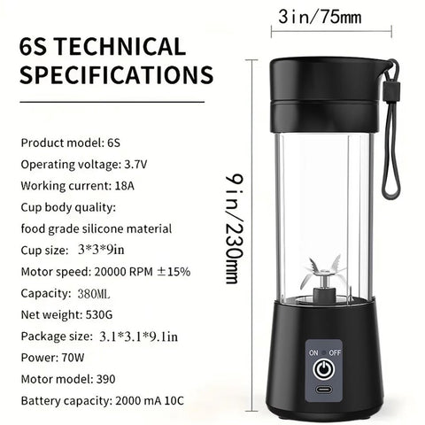 Blender - Mini blender - Smoothie maker - Rechargeable mini blender - Portable blender - Citrus press - Black