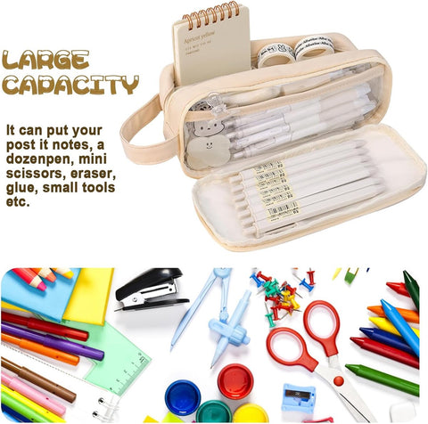 Pencil case - Large capacity - Suitable for boys and girls - Waterproof - Expandable - Toiletry bag - Cosmetic and office supply bag - Off-white