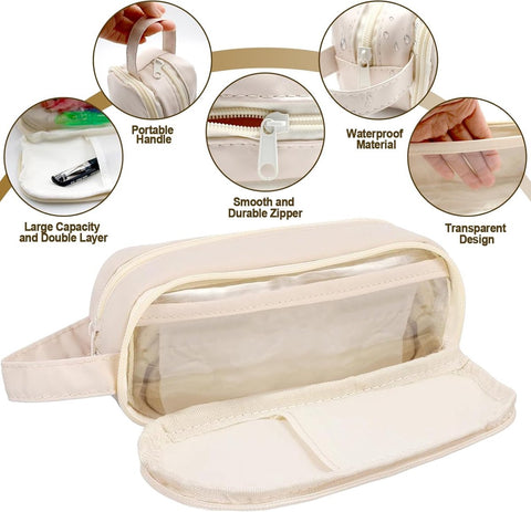 Pencil case - Large capacity - Suitable for boys and girls - Waterproof - Expandable - Toiletry bag - Cosmetic and office supply bag - Off-white