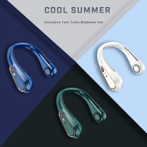 Portable neck fan, USB rechargeable, wireless and bladeless cooling, cool air blowing fans, digital display (blue)