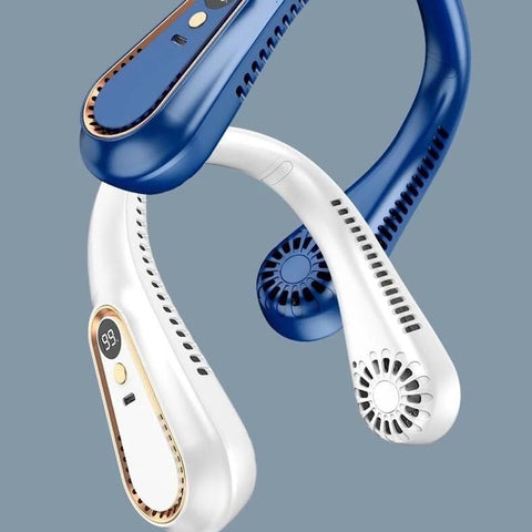 Portable neck fan, USB rechargeable, wireless and bladeless cooling, cool air blowing fans, digital display (blue)