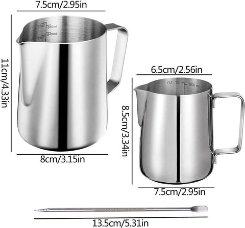 Stainless steel milk jug, 2 pieces, frothers, pitchers, 350 ml, 600 ml, stainless steel milk jug, milk, frothing pitcher, box with 2 barista pens, measuring marks for