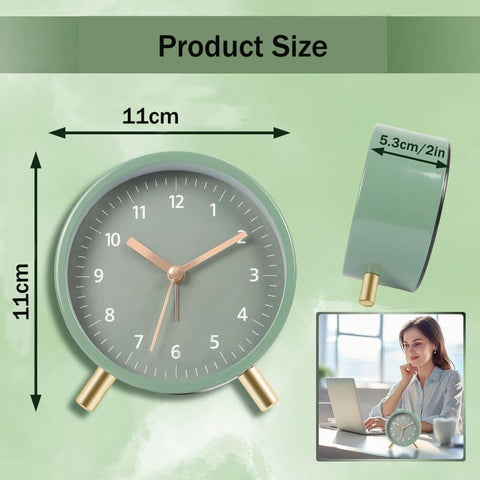 Silent Alarm Clock with Night Light and Backlight, Metal Clock for Bedrooms and Travel, green