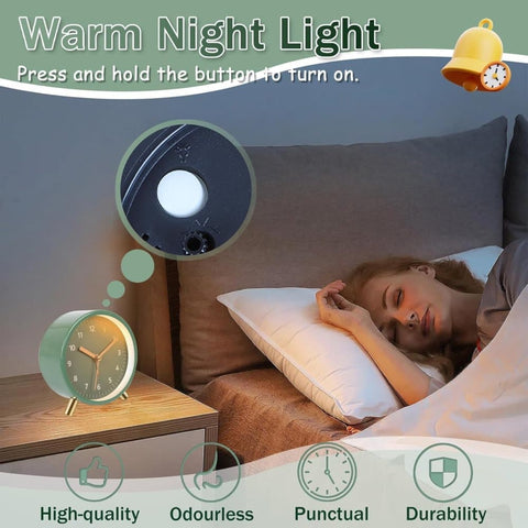 Silent Alarm Clock with Night Light and Backlight, Metal Clock for Bedrooms and Travel, green