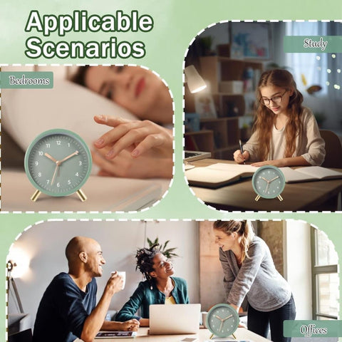 Silent Alarm Clock with Night Light and Backlight, Metal Clock for Bedrooms and Travel, green