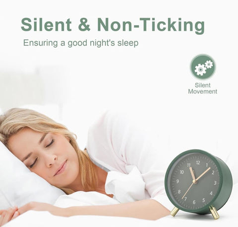 Silent Alarm Clock with Night Light and Backlight, Metal Clock for Bedrooms and Travel, green