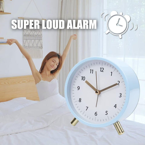 Silent Alarm Clock with Night Light and Backlight, Blue Bedroom and Travel Clock, Metal