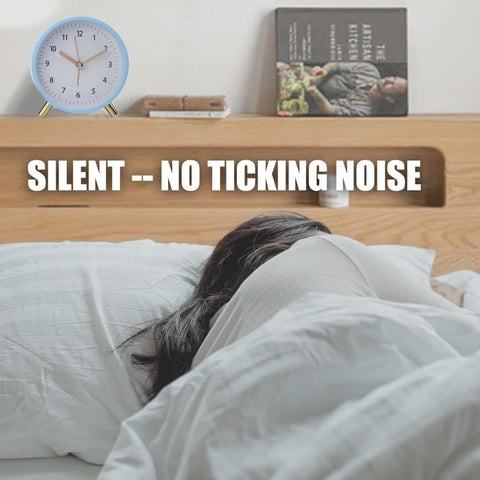Silent Alarm Clock with Night Light and Backlight, Blue Bedroom and Travel Clock, Metal