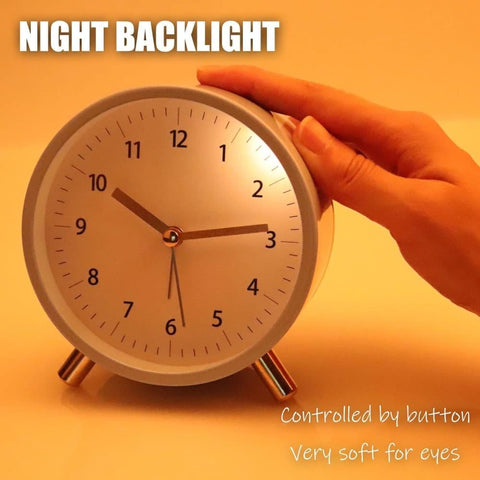 Silent Alarm Clock with Night Light and Backlight, Blue Bedroom and Travel Clock, Metal