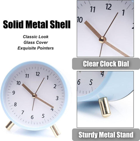 Silent Alarm Clock with Night Light and Backlight, Blue Bedroom and Travel Clock, Metal