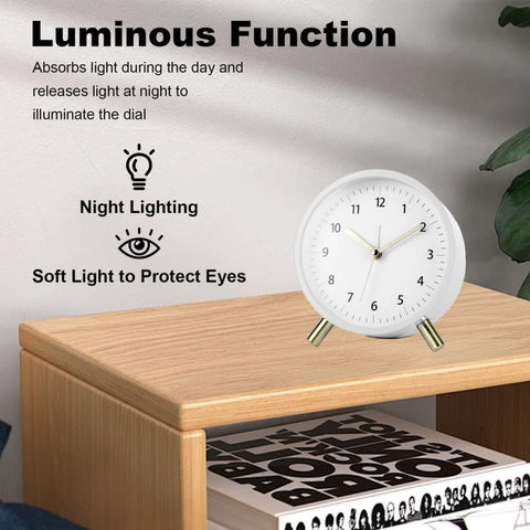 Silent Alarm Clock with Night Light and Backlight, White Metal Clock for Bedrooms and Travel