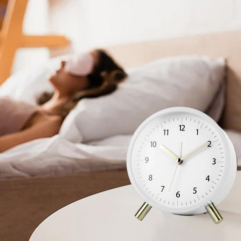 Silent Alarm Clock with Night Light and Backlight, White Metal Clock for Bedrooms and Travel