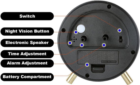 Silent Alarm Clock with Night Light and Backlight, White Metal Clock for Bedrooms and Travel