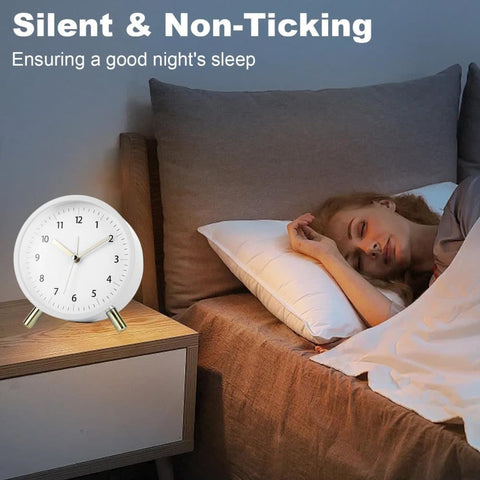 Silent Alarm Clock with Night Light and Backlight, White Metal Clock for Bedrooms and Travel