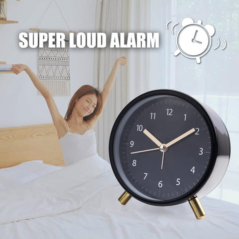 Silent Alarm Clock with Night Light and Backlight, Metal Clock for Bedrooms and Travel, Black