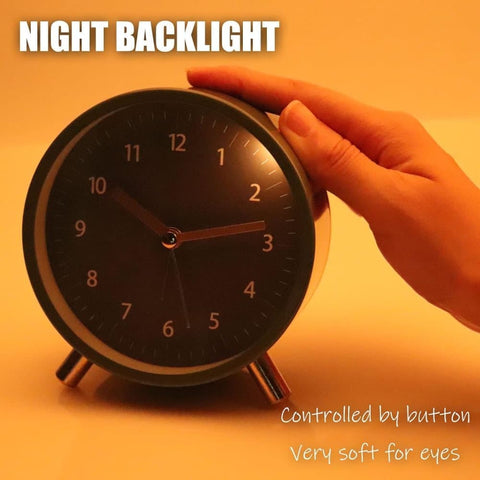 Silent Alarm Clock with Night Light and Backlight, Metal Clock for Bedrooms and Travel, Black