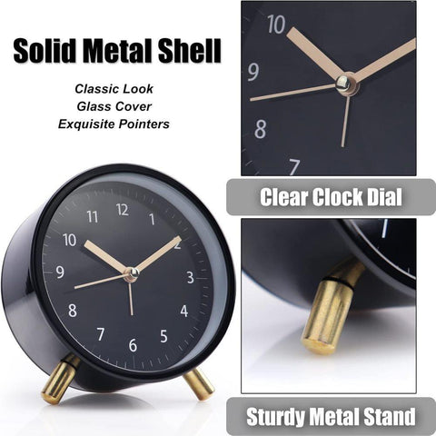 Silent Alarm Clock with Night Light and Backlight, Metal Clock for Bedrooms and Travel, Black