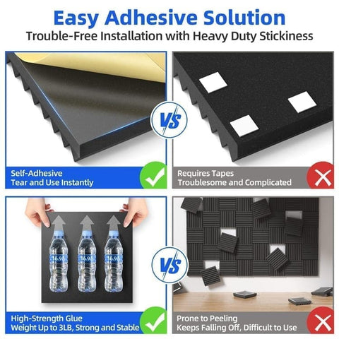 12 Self-Adhesive Acoustic Panels, 30x30x5cm, Black Sound-Absorbing Foam for Effective Sound Insulation