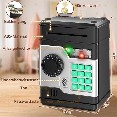 Kids Electronic Piggy Bank with Fingerprint & Password Protection, Automatic Saving Function, Mini Cabinet, Black