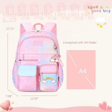 Waterproof Kawaii School Backpack for Girls with Reflective Strap, Purple, Compatible with Children and Teenage Girls