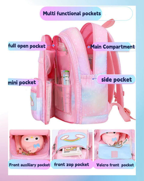 Waterproof Kawaii School Backpack for Girls with Reflective Strap, Purple, Compatible with Children and Teenage Girls