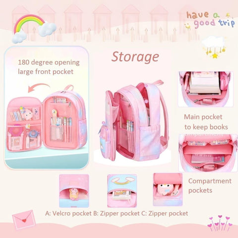 Waterproof Kawaii School Backpack for Girls with Reflective Strap, Purple, Compatible with Children and Teenage Girls